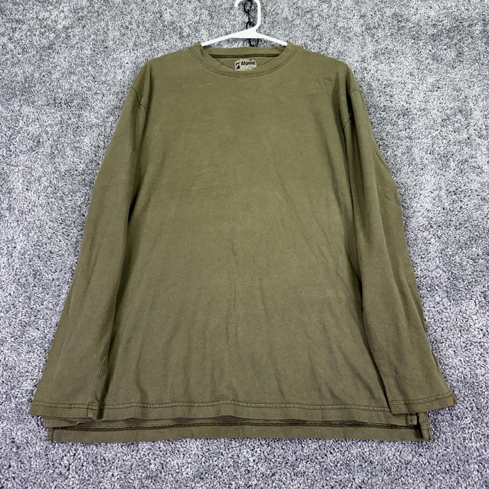 Alpine Design Shirt Mens Large Green Brown Long Sleeve Cotton Tee Outdoor Casual